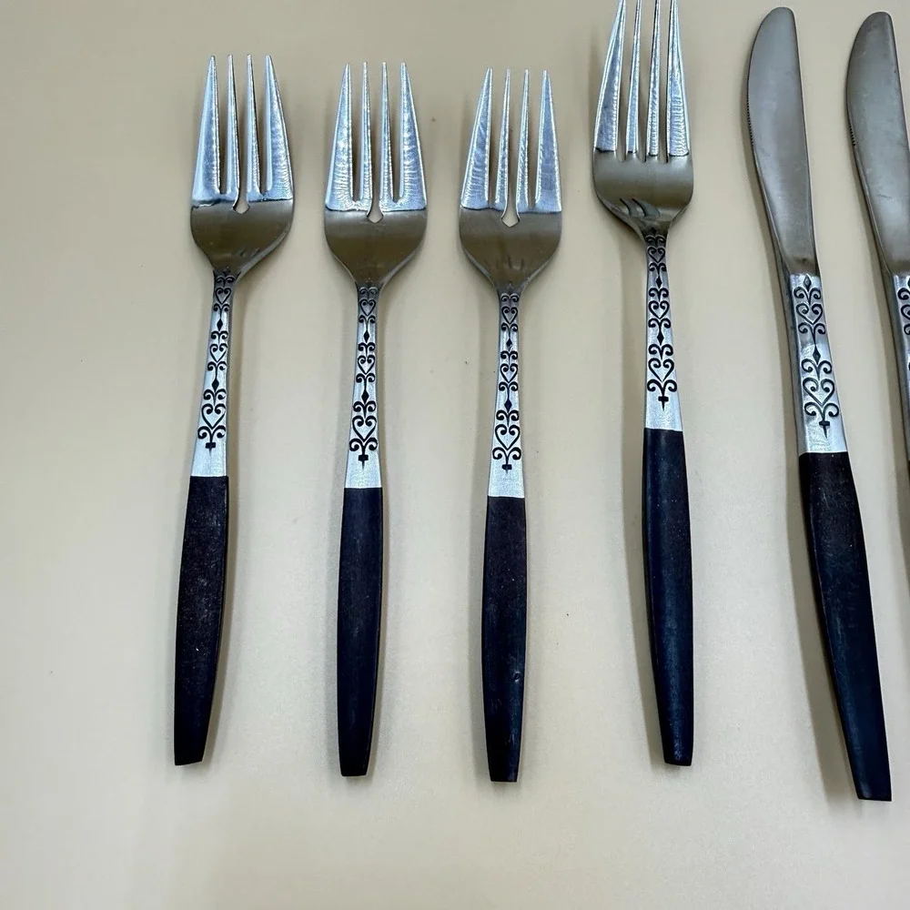 Lot of 7 Interpur Stainless Steel Brown Handle Dinner  Flatware Japan Replace